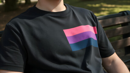 A person wearing a black t-shirt with the bisexual pride flag (pink, purple, and blue stripes) as they sit on a park bench. The lighting is natural and soft, creating shadows that bring attention to t