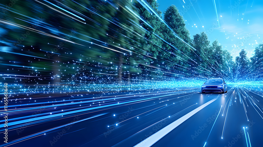 Poster dynamic car driving on a futuristic, tech-inspired road with glowing effects and trees lining the wa