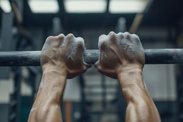 A close-up shot of a person hands chalked up, gripping a pull-up bar, ready to begin their workout in an industrial gym setting.
