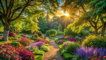 Obraz premium A Serene Garden Pathway Bathed in Golden Sunlight, Surrounded by Lush Greenery and Vibrant Blooms