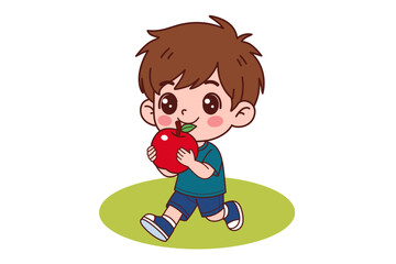 A little boy is eating an apple. Vector illustration in cartoon style.