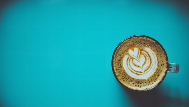 Coffee Break: A close-up of a steaming latte with intricate latte art, resting on a vibrant blue background. The image invites a moment of tranquility and focus.