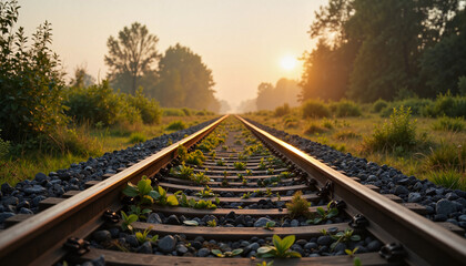 Overgrown train tracks at dawn, symbol of abandonment and decay
