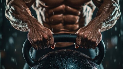 A close-up shot of a man gripping a kettlebell during an intense workout, veins and muscles defined with beads of sweat visible on his skin.