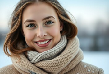 Fototapeta premium Female portrait in winter outdoor setting with blurred background