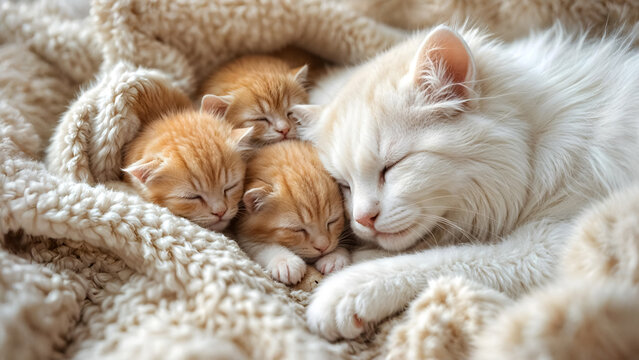 White mother cat with her ginger kittens peacefully sleeping together on soft blanket, close-up, top view. Cat Mother’s Day. Love and family concept