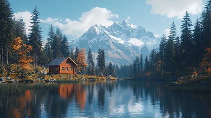 Fototapeta premium Secluded cabin nestled beside a serene lake, reflecting majestic snow-capped mountains under a vibrant autumn sky.