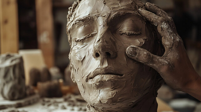 A sculptor working with clay, their hands covered in materials, showcasing the tactile nature of creativity.