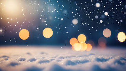 Fototapeta premium Snow falling on snowy ground with blurred lights in winter night
