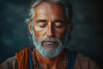 Fototapeta premium A serene older man with eyes closed, graying hair and beard, meditating peacefully.
