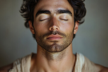 Close-up portrait of a young man with his eyes closed, showcasing his facial features and stubble.