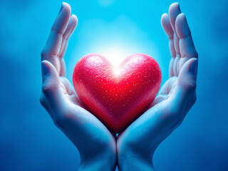 Obraz premium Hands holding a glowing red heart against a blue background, symbolizinHands holding a glowing red heart against a blue background, symbolizing love and care.g love and care.