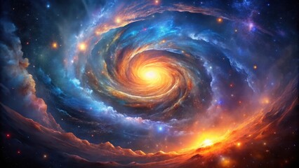 Cosmic Spiral Nebula Over a Fiery Planetary Landscape