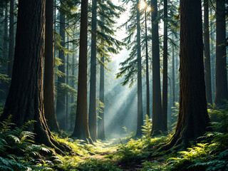 Obraz premium Misty forest scene with tall trees fading into a thick, ethereal fog, creating a serene atmosphere.