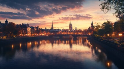 Obraz premium Bruges Sunset Cityscape Reflection - Calm Evening