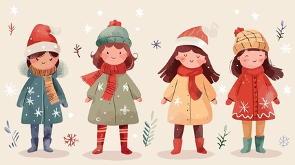 Fototapeta premium Hand-Drawn Cute Winter Girls Collection - Four Little Beauties