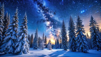 A winter wonderland with snow-laden fir trees under a starry sky, featuring the Milky Way and a soft glow of a rising sun