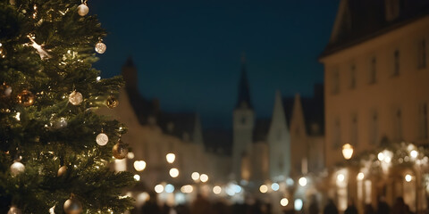 Naklejka premium Christmas tree illuminating european city at night during christmas market