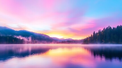 Fototapeta premium Serene sunrise over calm lake, misty mountains reflecting in tranquil water, vibrant pastel sky.