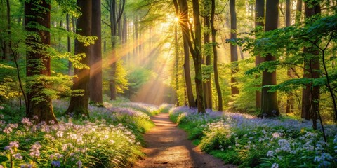 Fototapeta premium A sunlit path winds through a lush forest, dappled with sunlight filtering through the canopy, illuminating vibrant wildflowers and creating a sense of serenity and wonder.