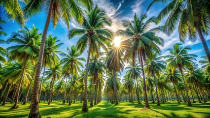 A sunlit grove of swaying palm trees casting long shadows across a lush green lawn