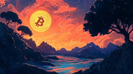 Bitcoin Sunset Landscape: Digital Art
