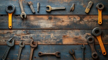 Rustic wooden background with assorted wrenches and tools.