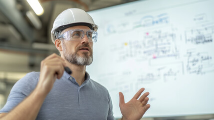 man in hard hat and safety glasses explains technical concept in industrial setting, gesturing towards presentation on screen. His expression shows focus and engagement