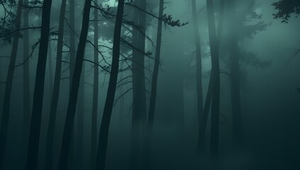 Obraz premium Mysterious Fog Envelopes Ancient Forest: An atmospheric view of a dense forest, with a thick fog clinging to the towering trees. The scene evokes a sense of mystery, solitude, and the unknown.