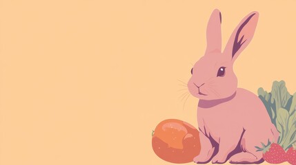 Fototapeta premium Pink Bunny with Fruits and Greens - Pastel Easter Design