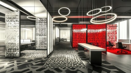 A creative office space with suspended LED ring lights, movable walls, and bold geometric patterns throughout