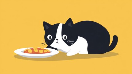 Cute Black and White Cat Gazing at Food Bowl on Yellow Background