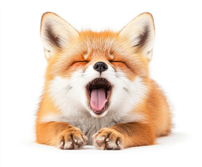 Obraz premium A cute fox with a vibrant orange coat yawns adorably, showcasing its playful nature and fluffy features against a clean white background.