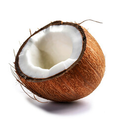 Half-Cut Coconut with White Flesh- A studio shot of a freshly cut coconut half, showcasing the smooth, creamy white flesh contrasting with the rough brown shell