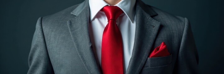 Grey blazer, vibrant red tie knot, sharp focus , style, professional, red tie