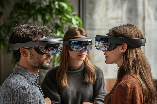 Group of young adults engaging in virtual reality experience indoors in a contemporary setting - Powered by Adobe