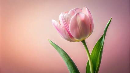 Naklejka premium A single pink tulip blooms against a soft pink background, its petals gently unfurling in a delicate dance of nature.