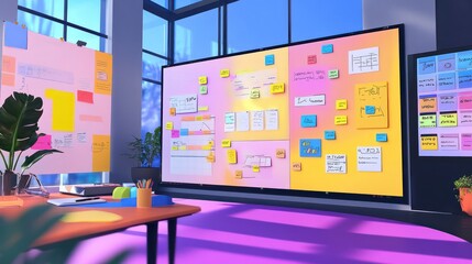 A creative space filled with large digital boards, sticky notes, and colorful brainstorming tools.