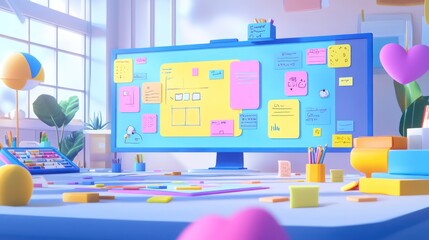 A creative space filled with large digital boards, sticky notes, and colorful brainstorming tools.