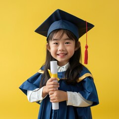 A happy little girl in graduation attire holds her diploma, celebrating her academic achievement.