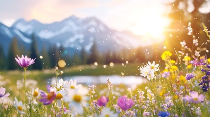 Obraz premium Vibrant wildflowers bloom in a sunny mountain meadow at sunset.