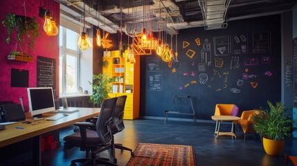 A creative studio office with bright color themes, chalkboard walls, and dynamic hanging light fixtures