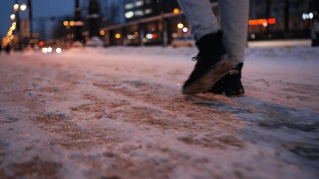 Legs of person wearing black boots and light blue jeans walking on snowy, icy sidewalk at night in urban setting with blurred car lights in background
