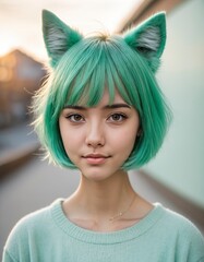 Fototapeta premium portrait of girl with green hair and foxy ear