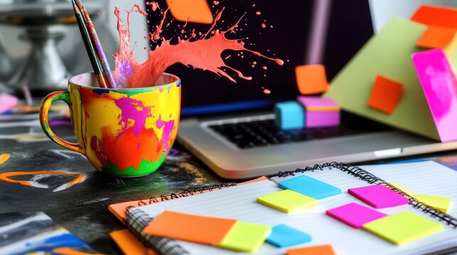 A creative workspace filled with colorful sticky notes, a vibrant laptop, an open notebook, and a coffee cup with a splash of paint design. - Powered by Adobe