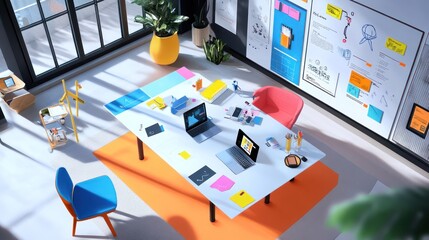 A creative workspace with digital devices, collaboration boards, and colorful visual tools for teamwork.