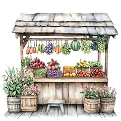 Watercolor painting of a rustic wooden fruit and vegetable stand overflowing with fresh produce and vibrant flowers.