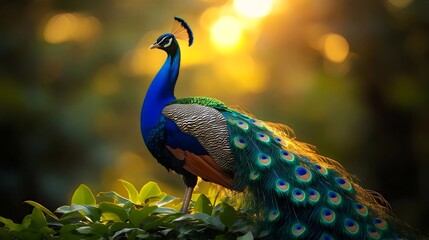 Obraz premium A beautiful blue peacock is standing on a leafy green bush