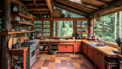 Fototapeta premium Rustic kitchen in a log cabin overlooking a lush forest. Natural wood countertops and cabinets, terracotta tiles, and large windows showcasing stunning nature views.