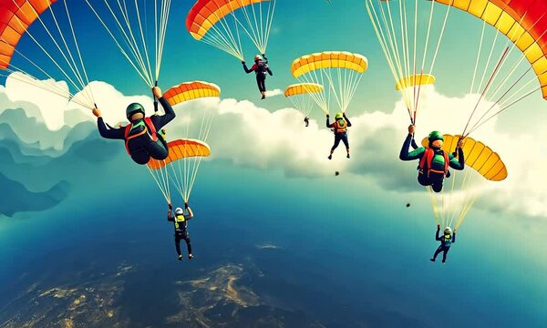A vibrant sky scene with multiple parachutists descending with colorful parachutes.